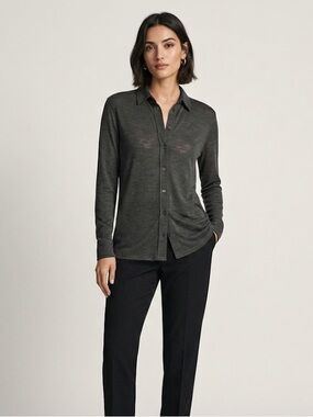 Massimo Dutti Olive Gray Lyocell/Wool Button Up Blouse | Size Medium
